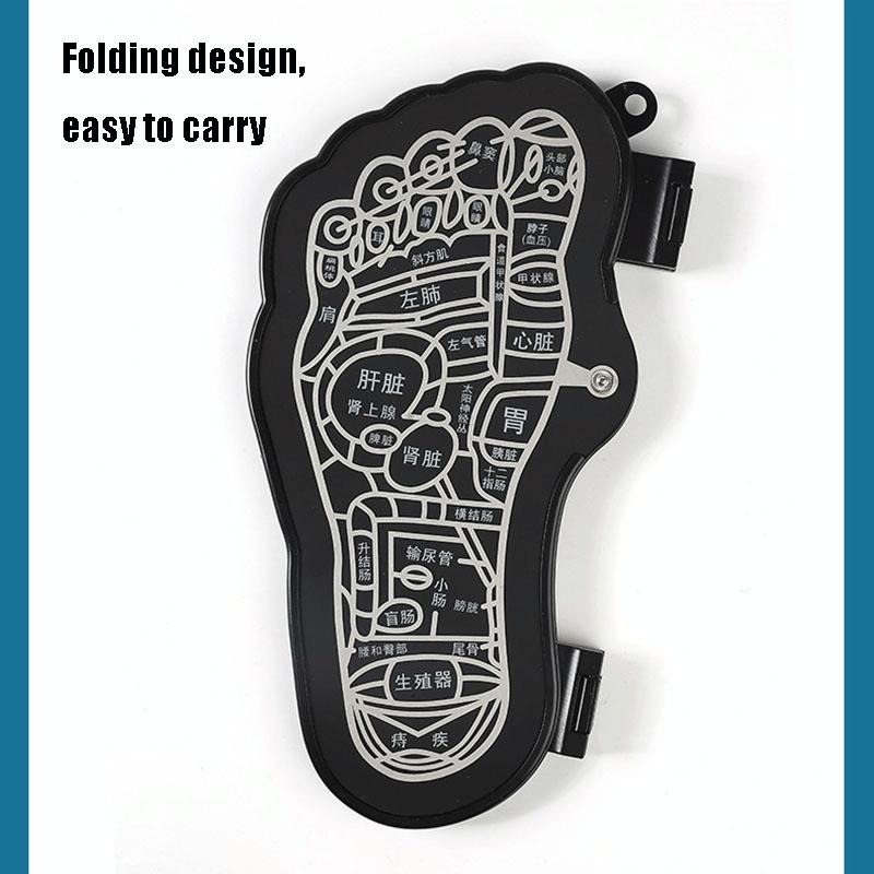 Black and white foot-shaped device with acupuncture lines on a white background