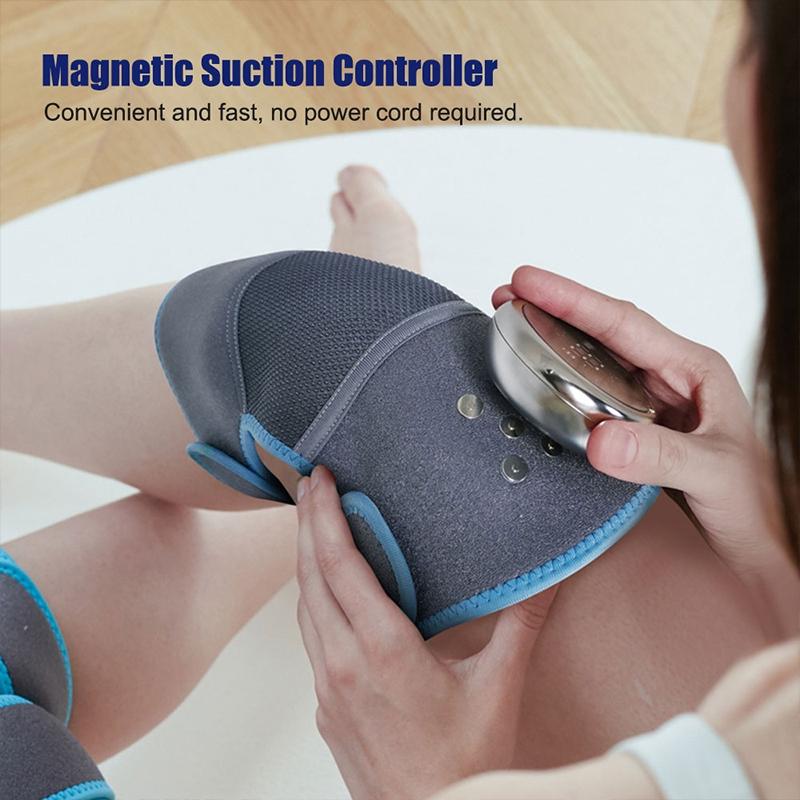 Person using a magnetic suction controller on their knee with text highlighting its convenience and power cord requirement.