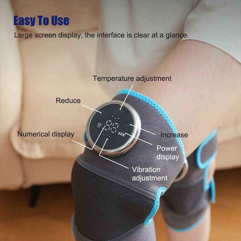 Electronic knee brace with labeled components on a person's knee, set against a neutral background.