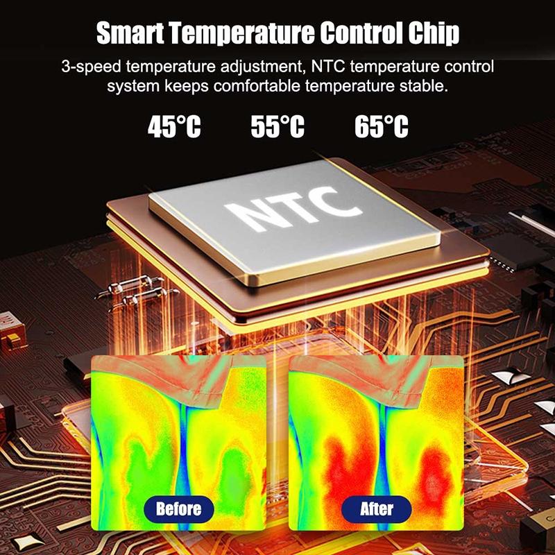 Smart temperature control chip with NTC technology on a circuit board, showing temperature adjustment before and after.