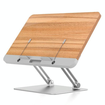 Wooden laptop stand with adjustable height on a white background