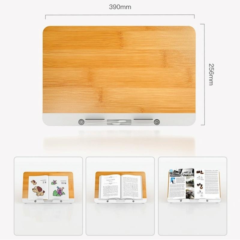 Wooden book stand with dimensions and examples of use on a white background