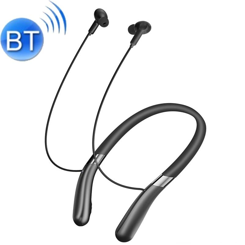 Black Bluetooth neckband headphones with 'BT' logo on a white background