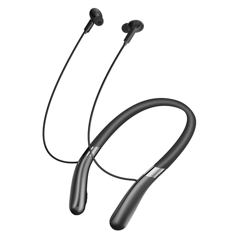 Black neckband headphones on a white background