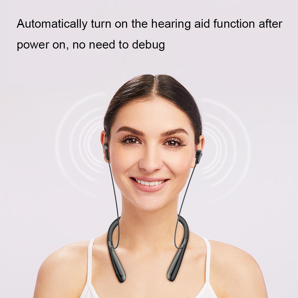 Woman wearing a neckband hearing aid with text about automatic function activation.