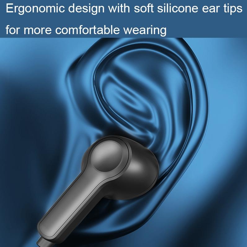 Black earbud with soft silicone ear tips on a blue background