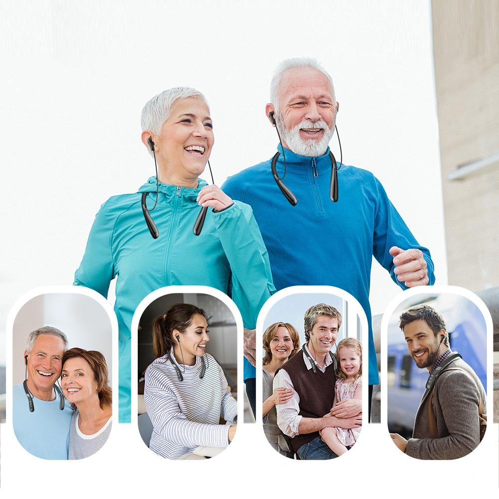 Two elderly people standing together with smaller inset images of various people, possibly indicating a theme of family or community.
