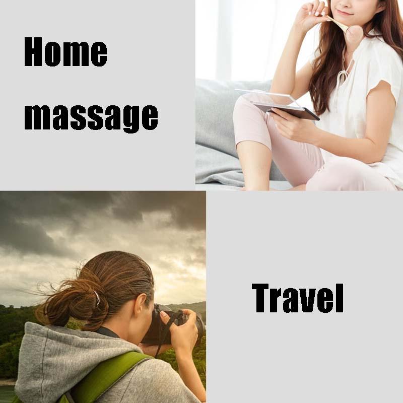 Two images labeled 'Home massage' and 'Travel'. One shows a person sitting on a couch with a tablet, the other shows a person taking a photo outdoors.