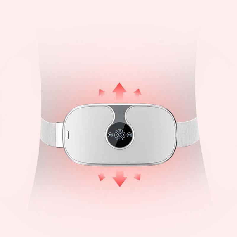 White electronic device on a person's waist with red indicator lights on a white background