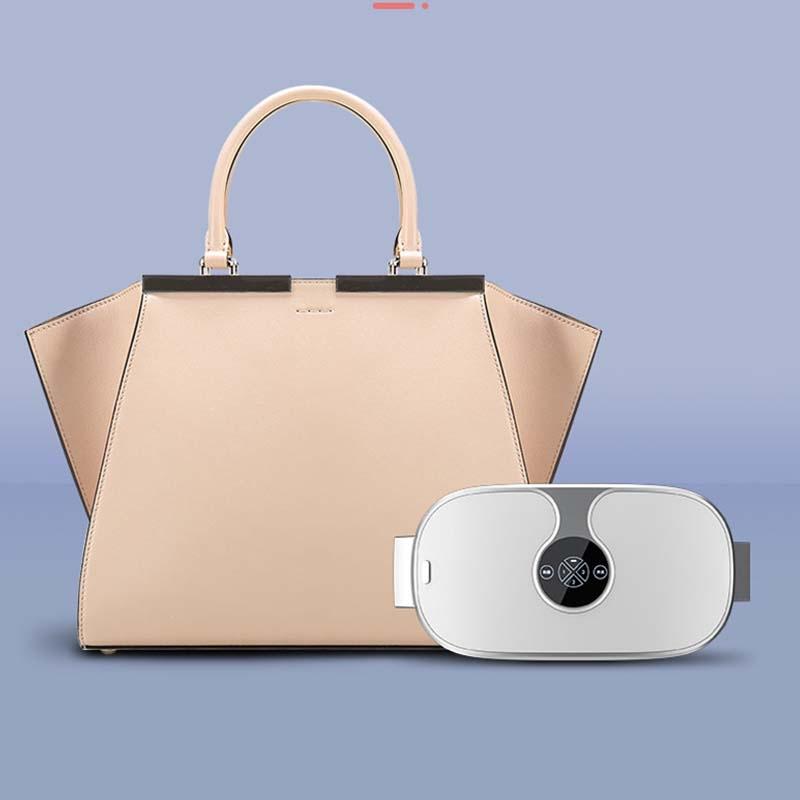 Beige handbag with a white electronic device on a light blue background