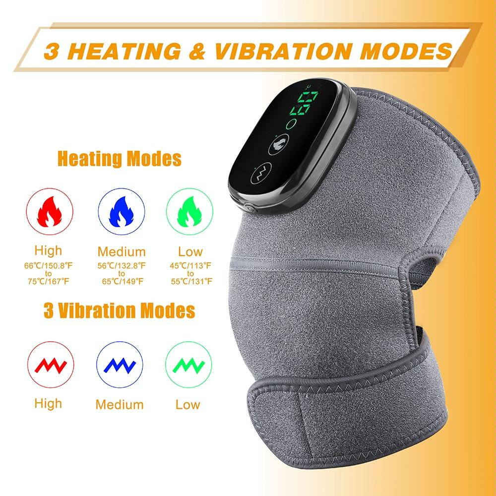 Gray knee brace with digital display and control buttons on an orange background, featuring heating and vibration modes.