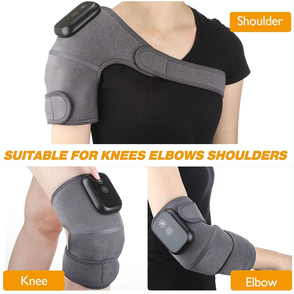 Gray shoulder, knee, and elbow brace with digital display on a person wearing a black shirt.
