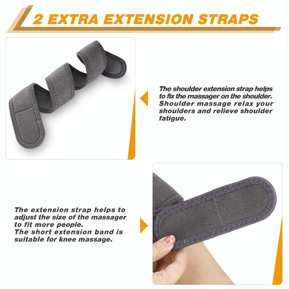 Gray shoulder extension strap with text explaining its use on a white background