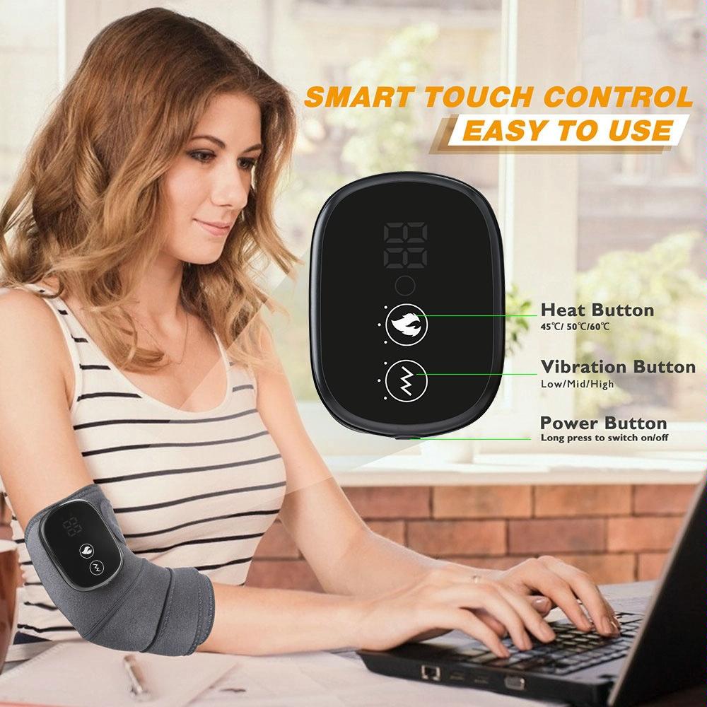 Woman using a smart arm device with control panel overlay and text 'Smart Touch Control Easy to Use'.