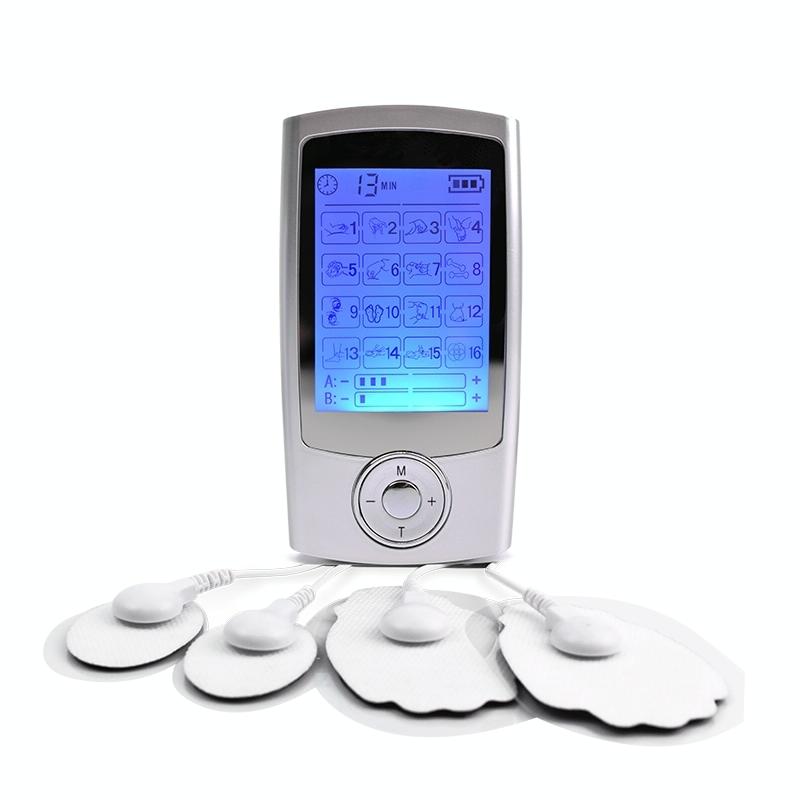 Electrotherapy device with digital display and electrode pads on a white background