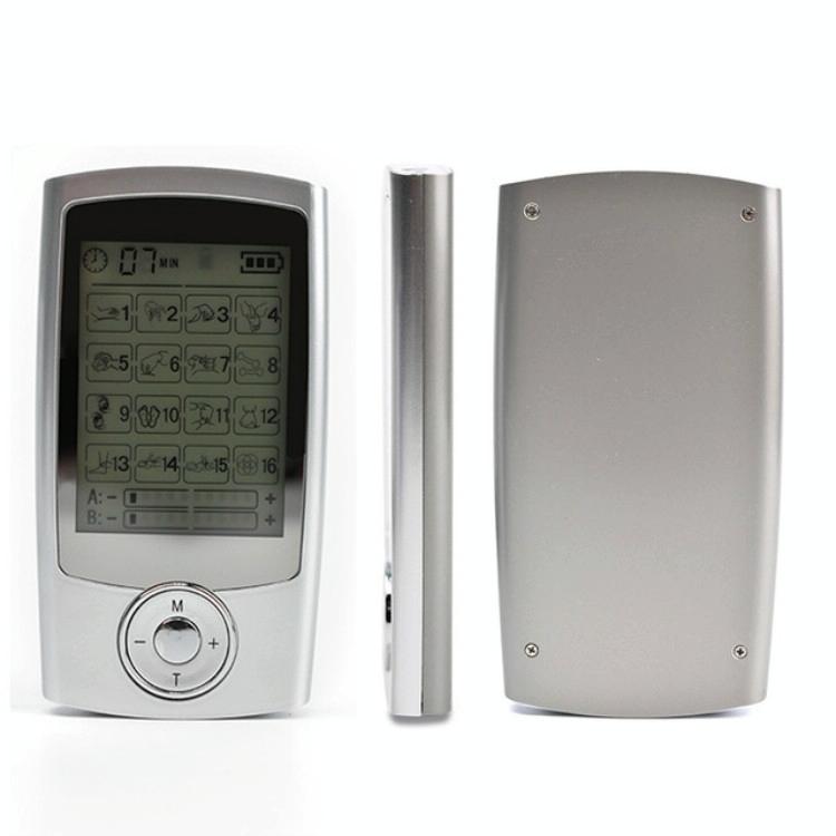Silver electronic device with digital display and keypad on a white background