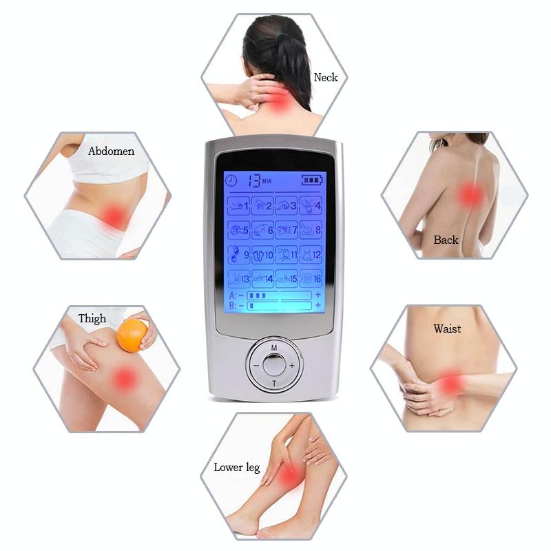 Electronic device for pain relief with labeled body parts on a white background