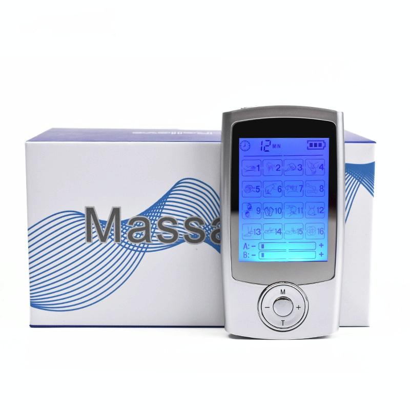 Electronic device with digital display and control panel next to its packaging on a white background
