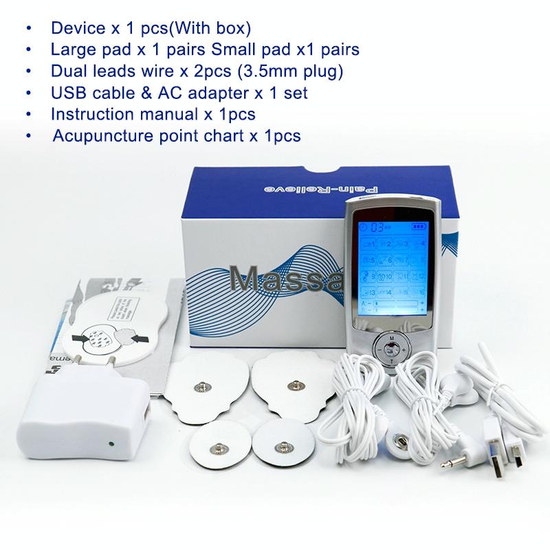 Electroacupuncture device with packaging, pads, leads, and USB cable on a white background