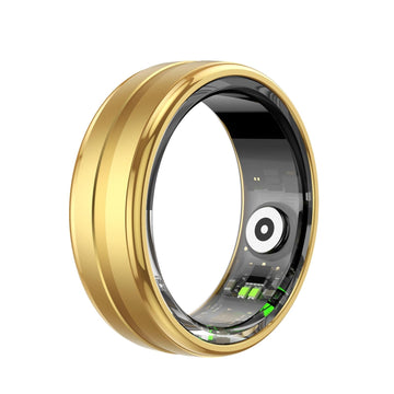 Gold ring with electronic components on a white background