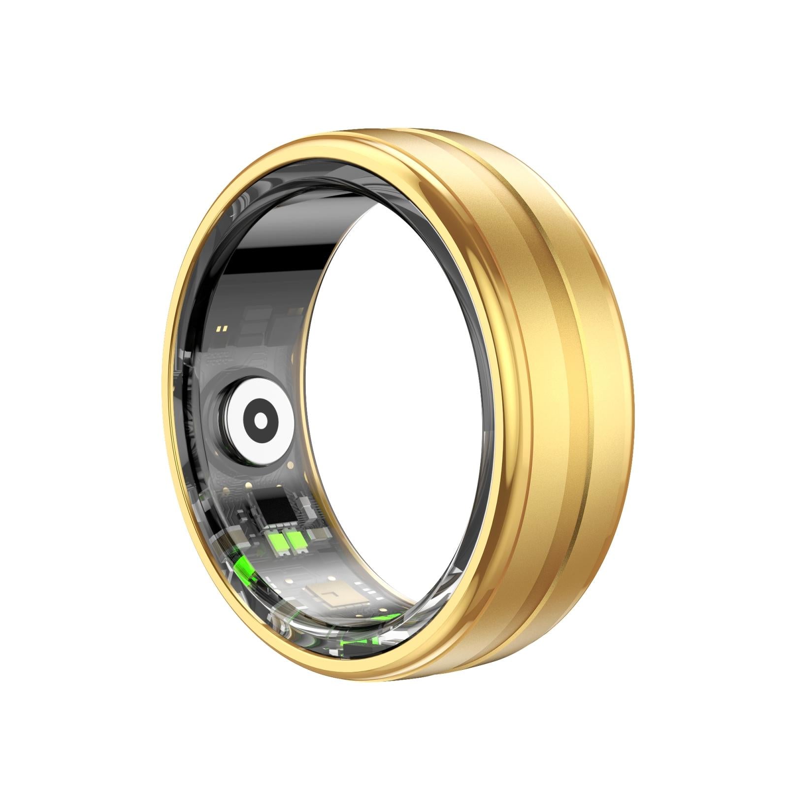 Gold ring with electronic components on a white background