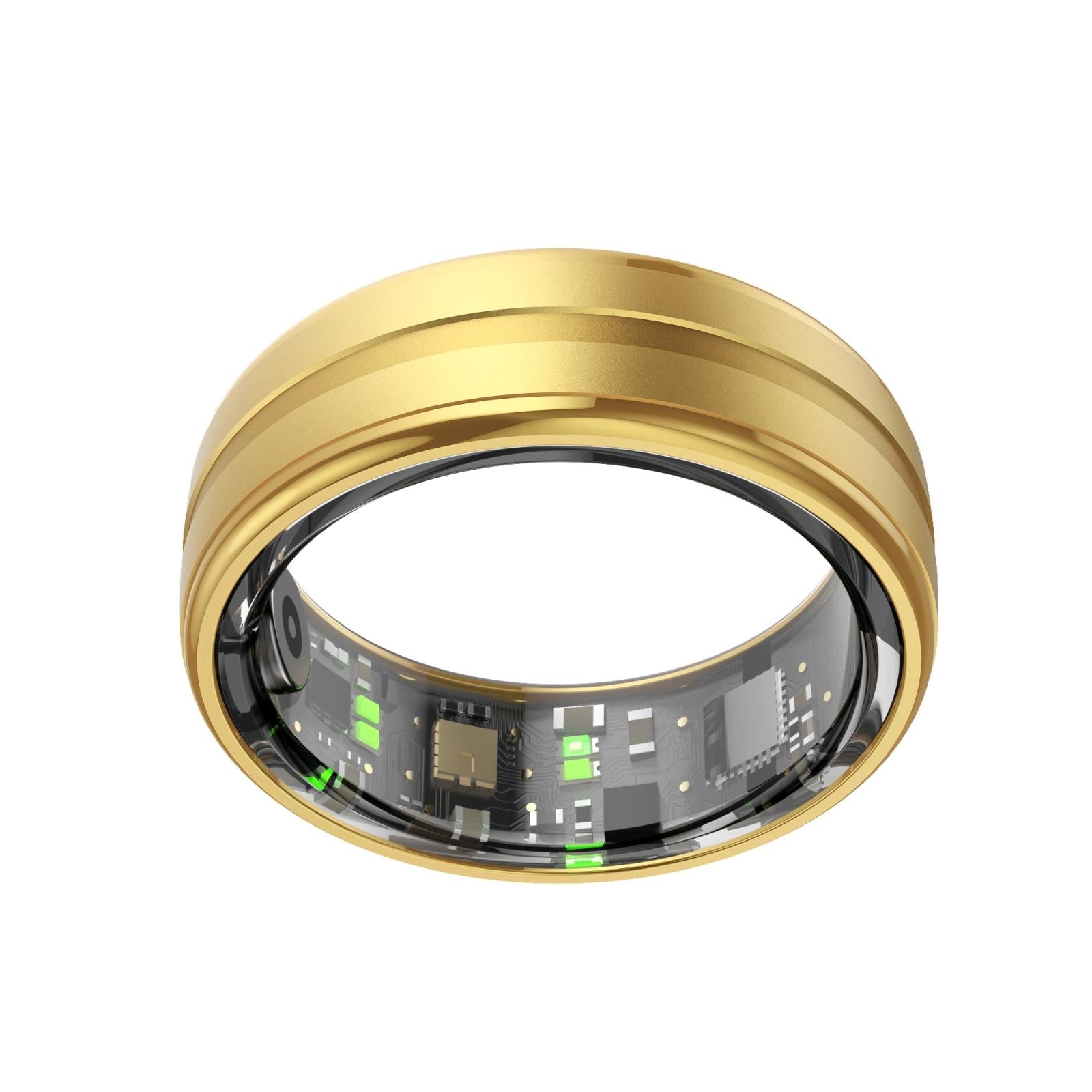 Gold ring with electronic components on a white background