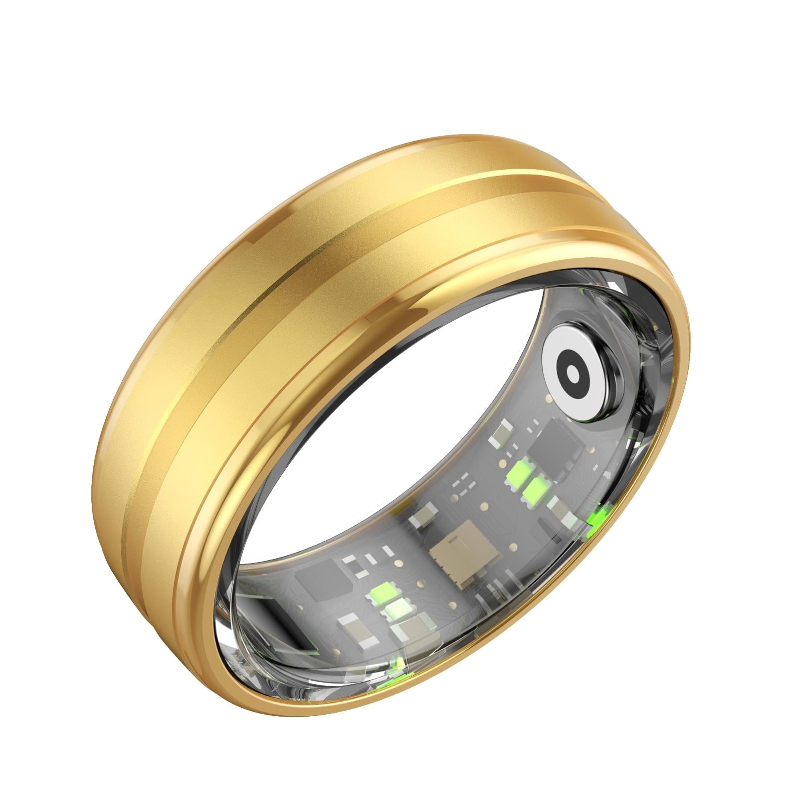 Gold smart ring with electronic components on a white background