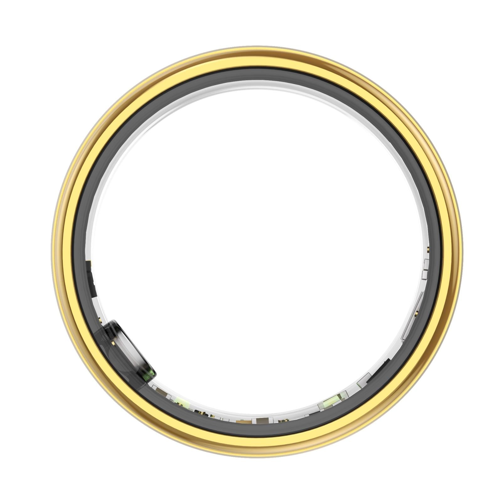 Gold and black circular object on a white background