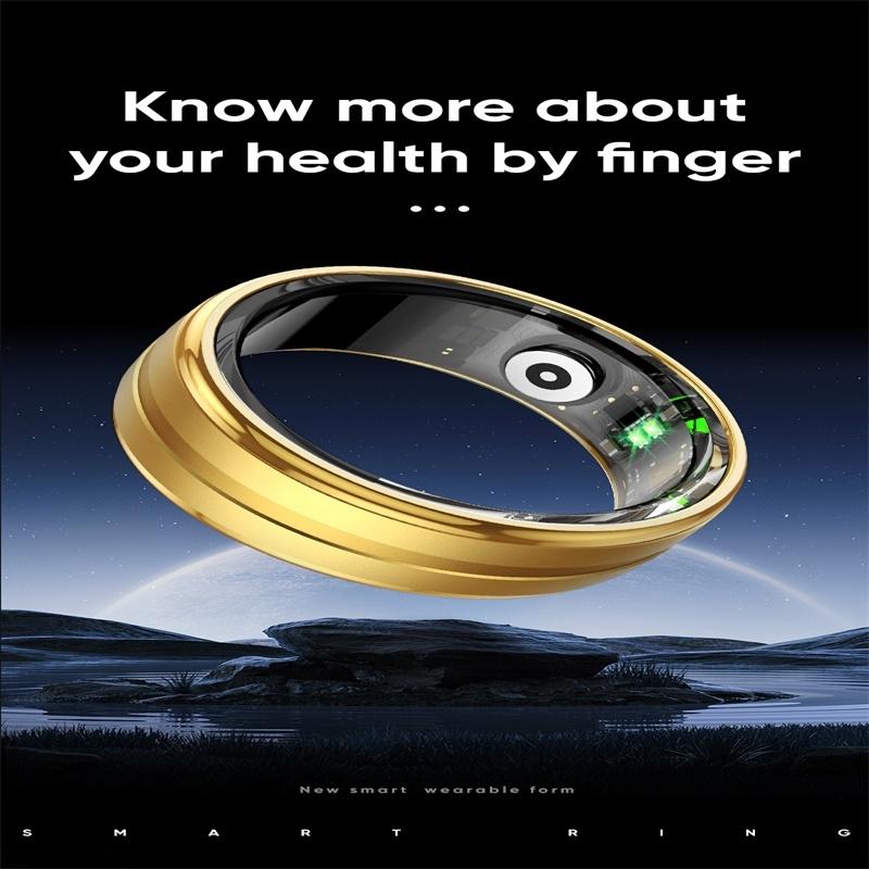 Smart ring with text 'Know more about your health by finger' on a scenic background