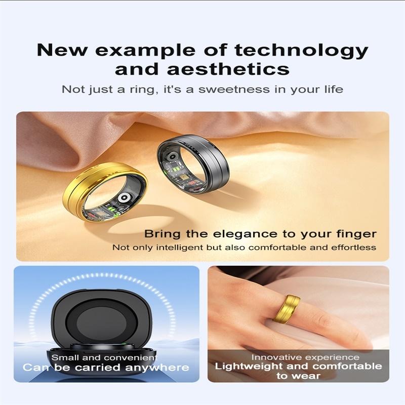 Two rings with text highlighting their features on a beige background