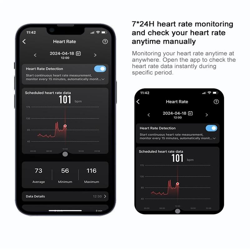 Two smartphone screens displaying heart rate monitoring app with text on 7*24H heart rate monitoring.