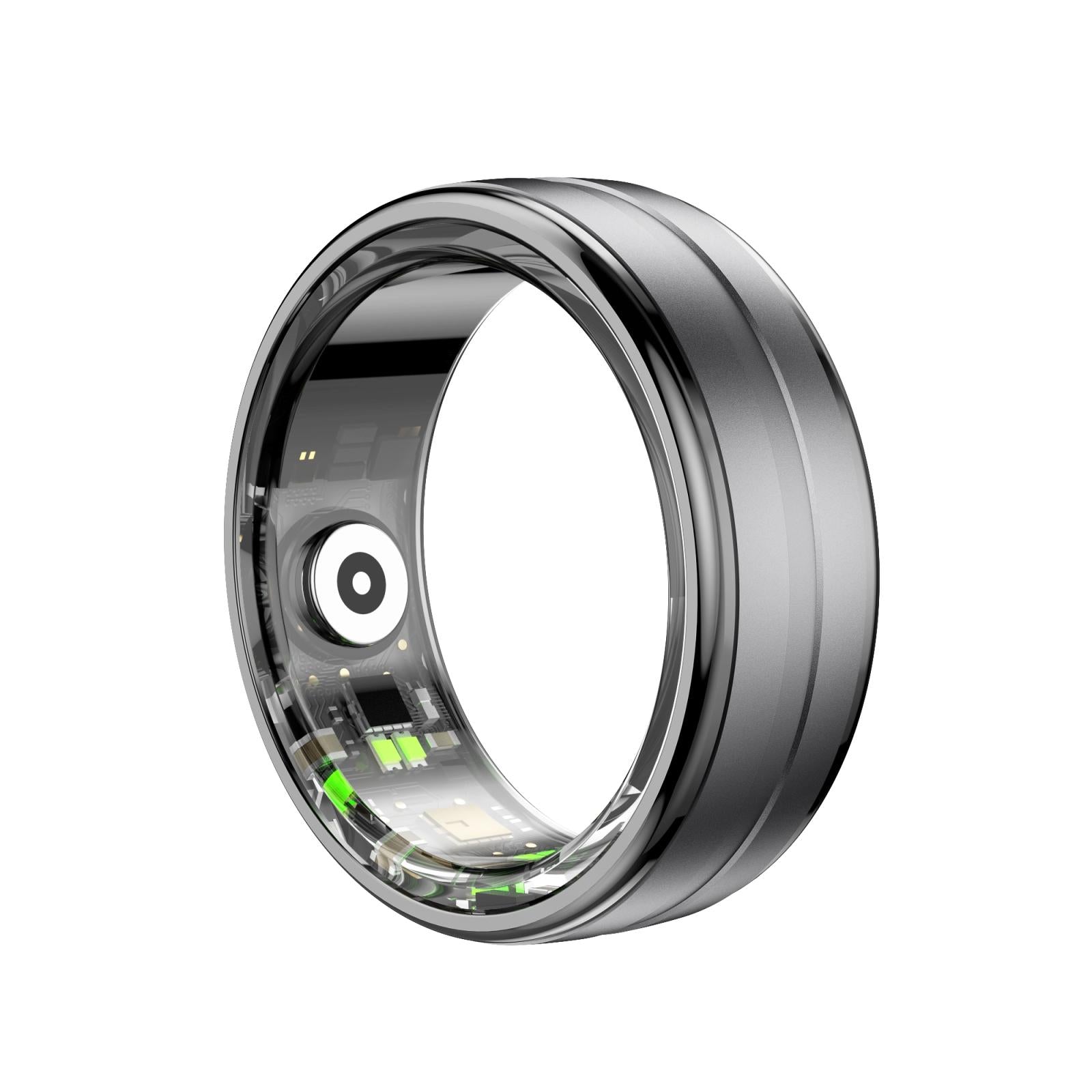 Silver smart ring with electronic components on a white background