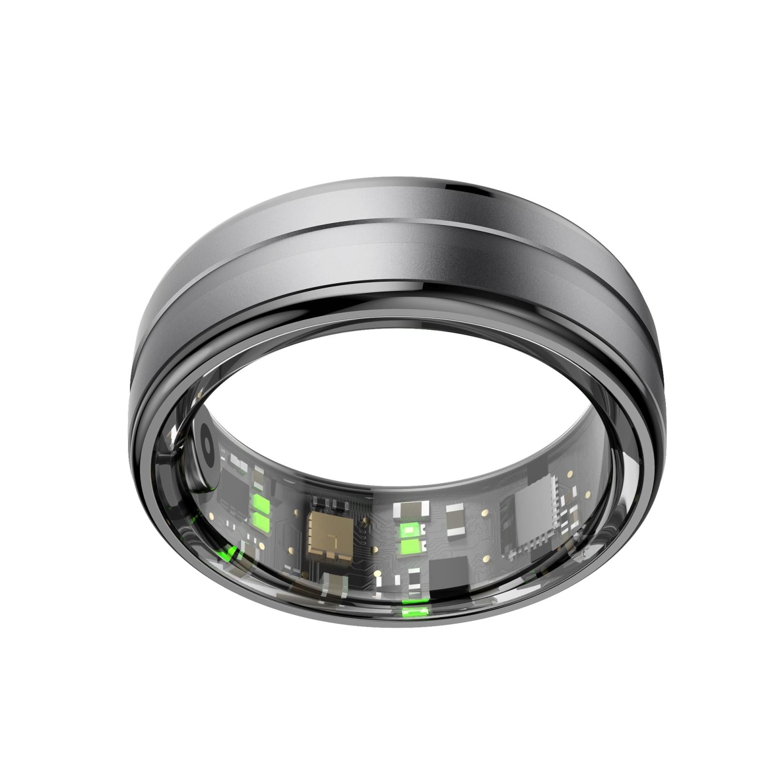 Silver smart ring with electronic components on a white background