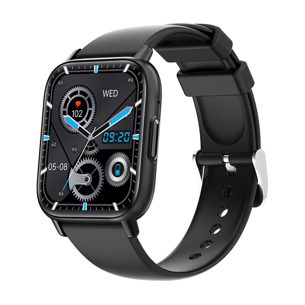 Black smartwatch with a detailed display on a white background