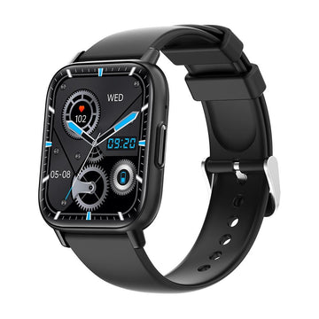 Black smartwatch with a detailed display on a white background