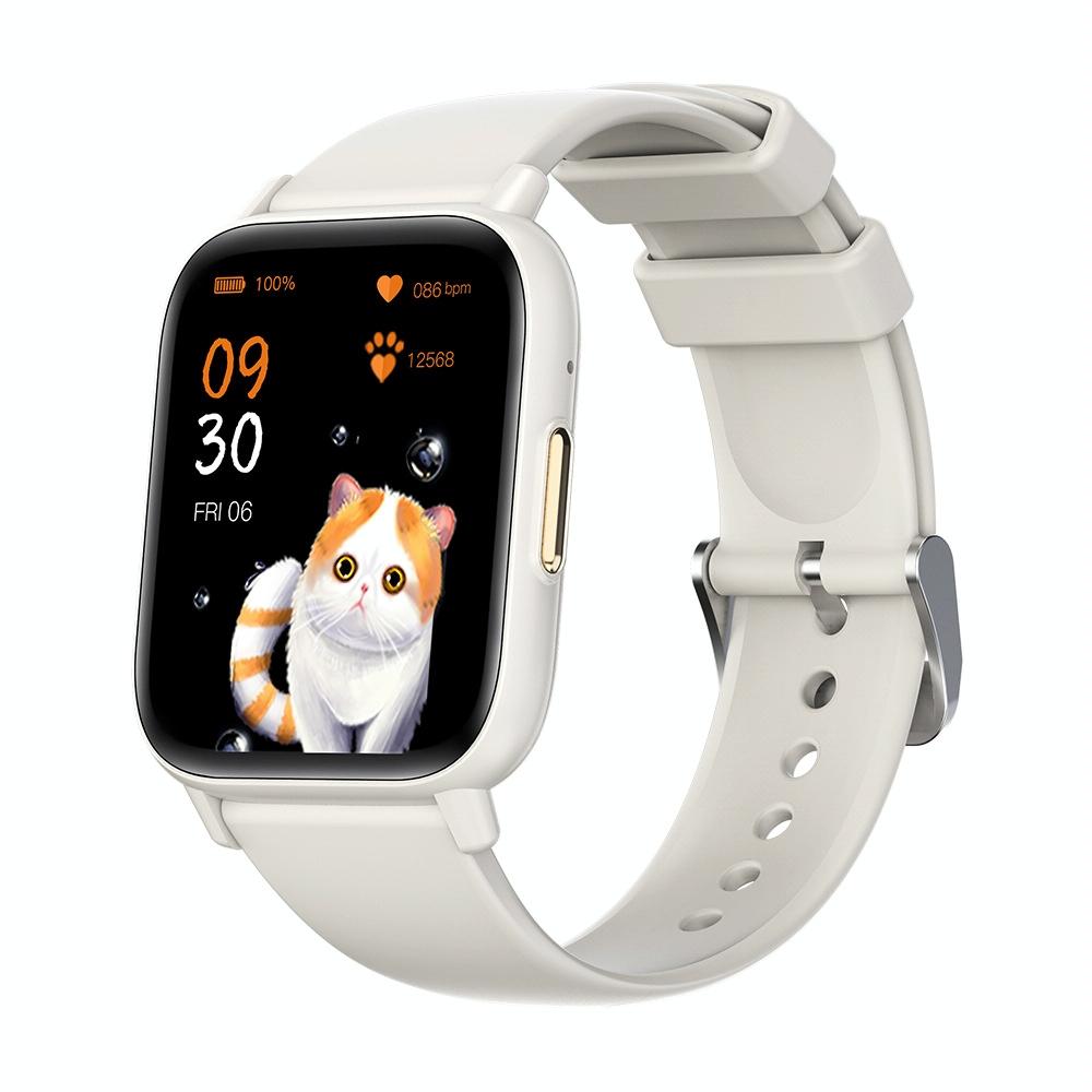White smartwatch with a cat illustration on the screen against a white background