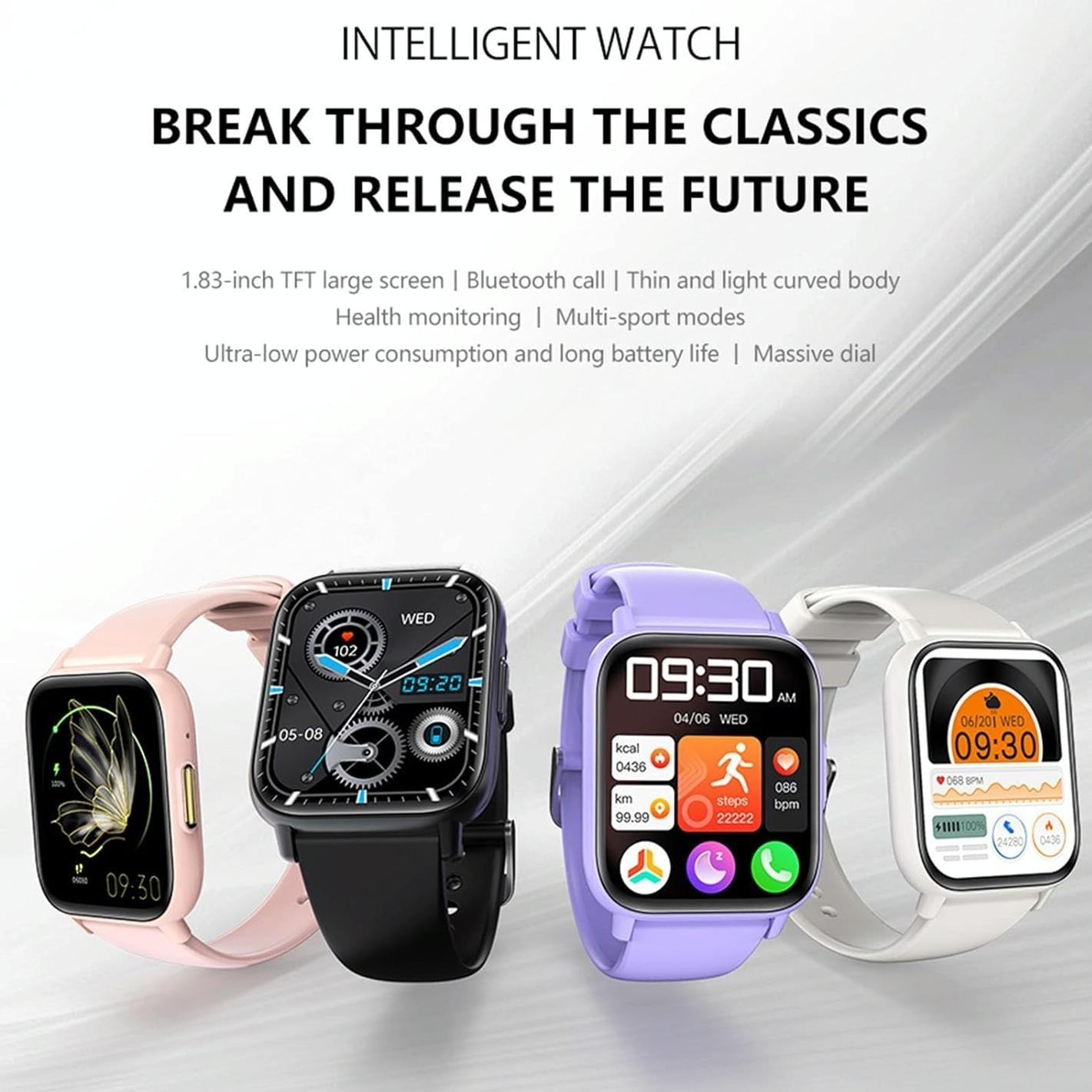 Four smartwatches displayed with promotional text on a white background