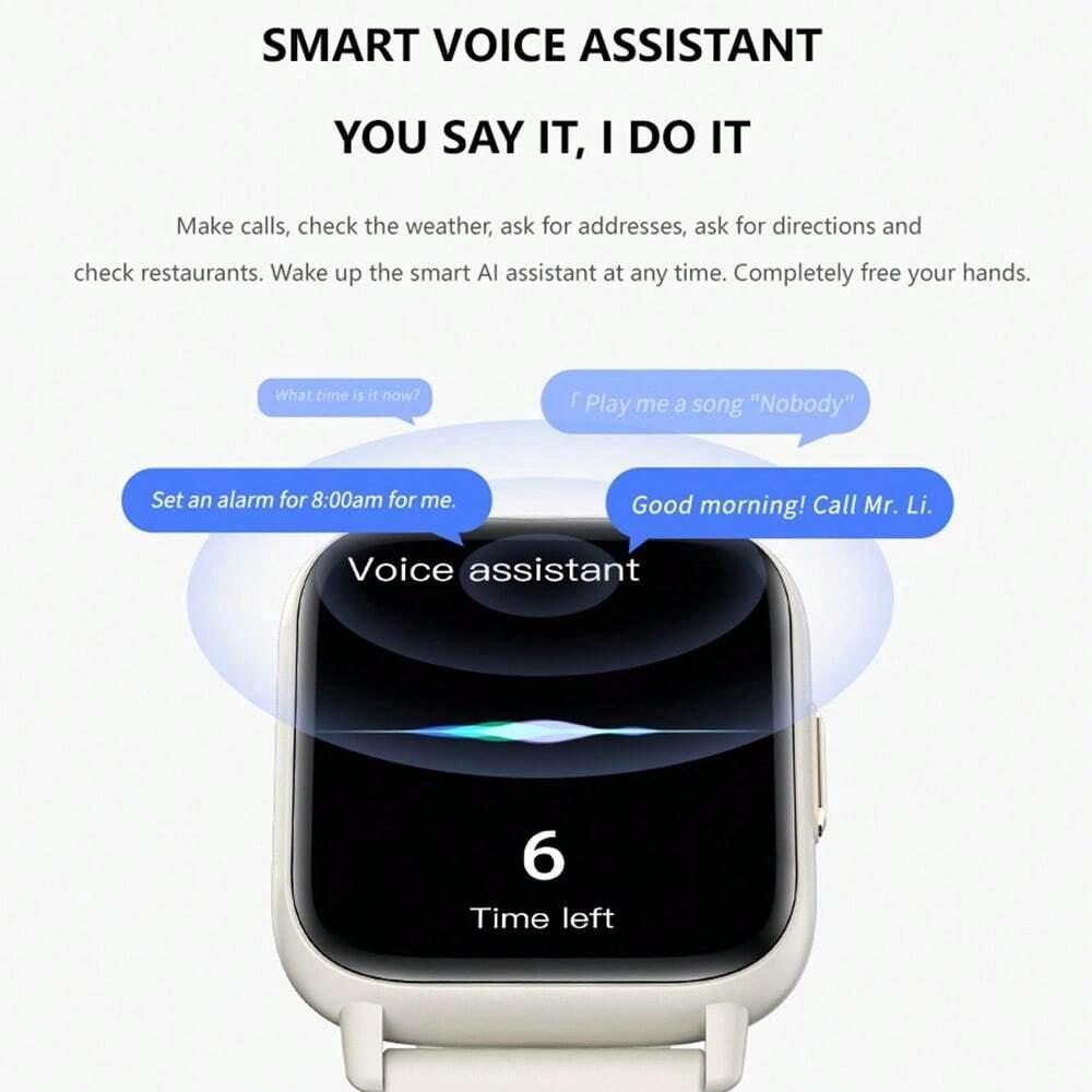 Smart watch with voice assistant interface on a white background