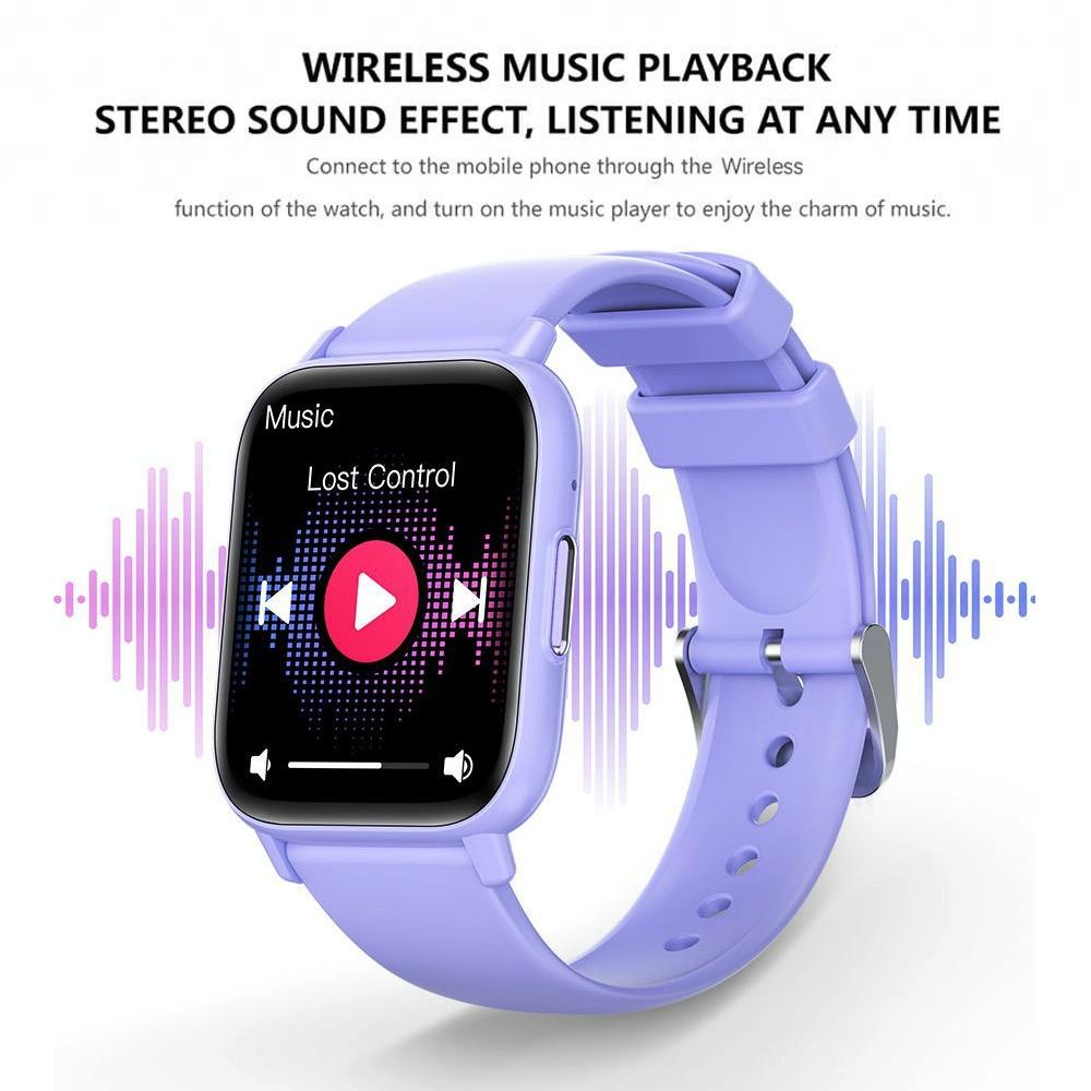 Smartwatch with a purple band displaying music app on screen with sound wave graphics.