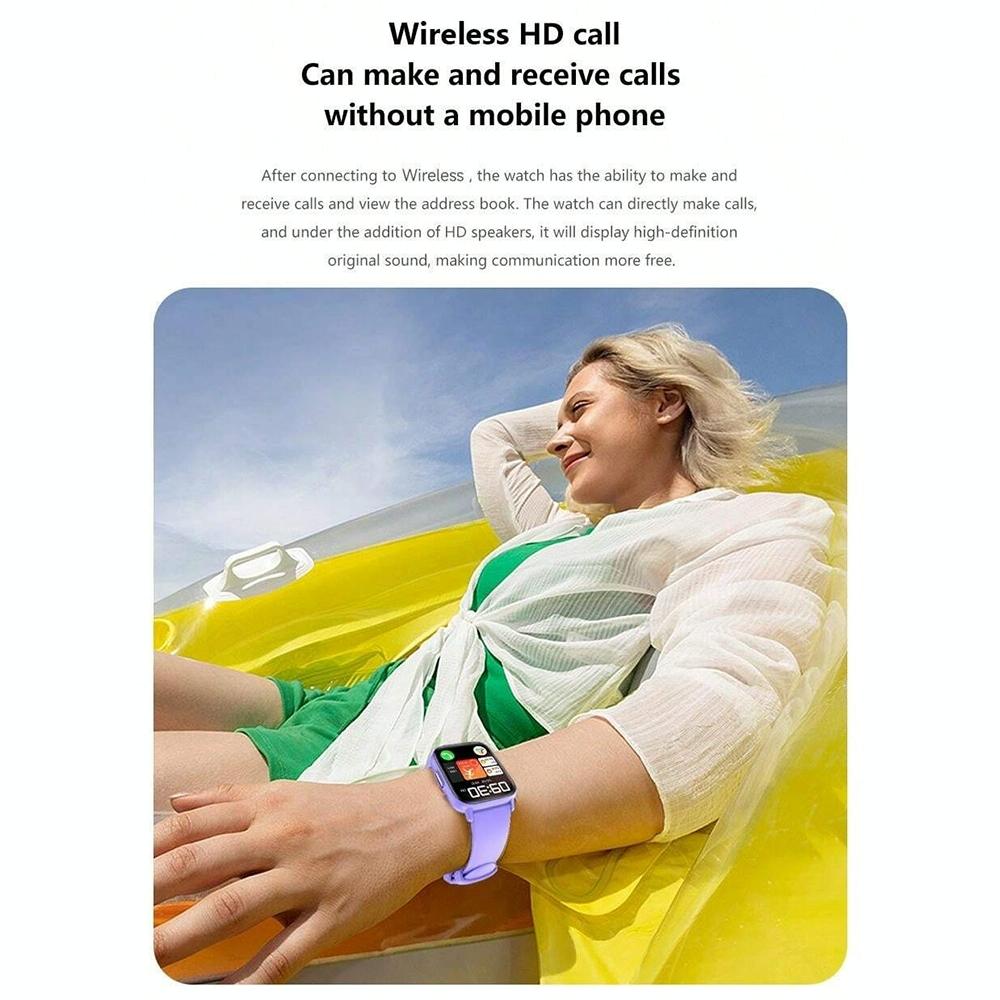 Woman wearing a smartwatch with text about wireless HD calls on a white background