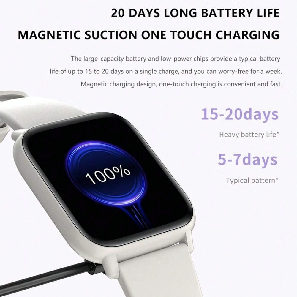 Smartwatch with charging cable on a white background, highlighting battery life and charging features.