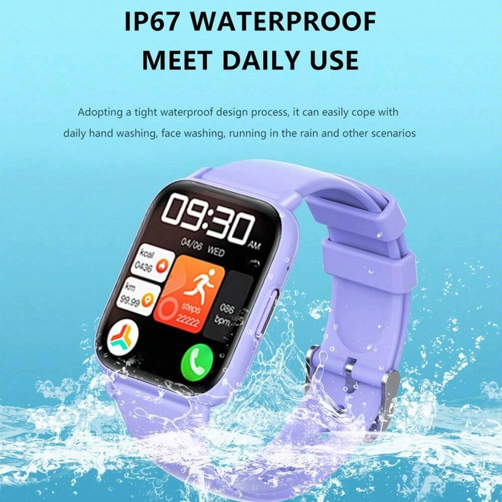 Smartwatch with a purple band on a blue background with water splashes, indicating waterproof feature.