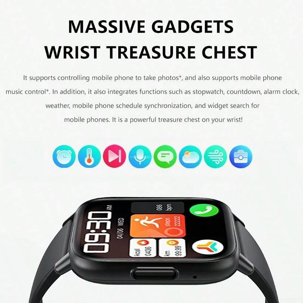 Smartwatch with colorful display on a white background, featuring text about its features.