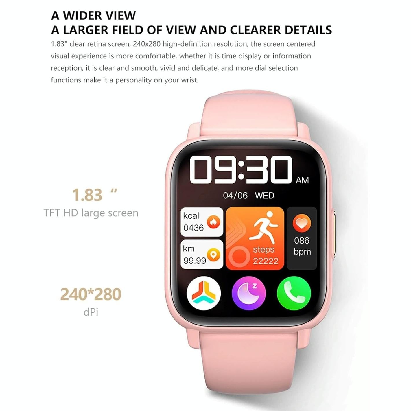Smartwatch with a pink band on a white background, displaying time and various app icons.