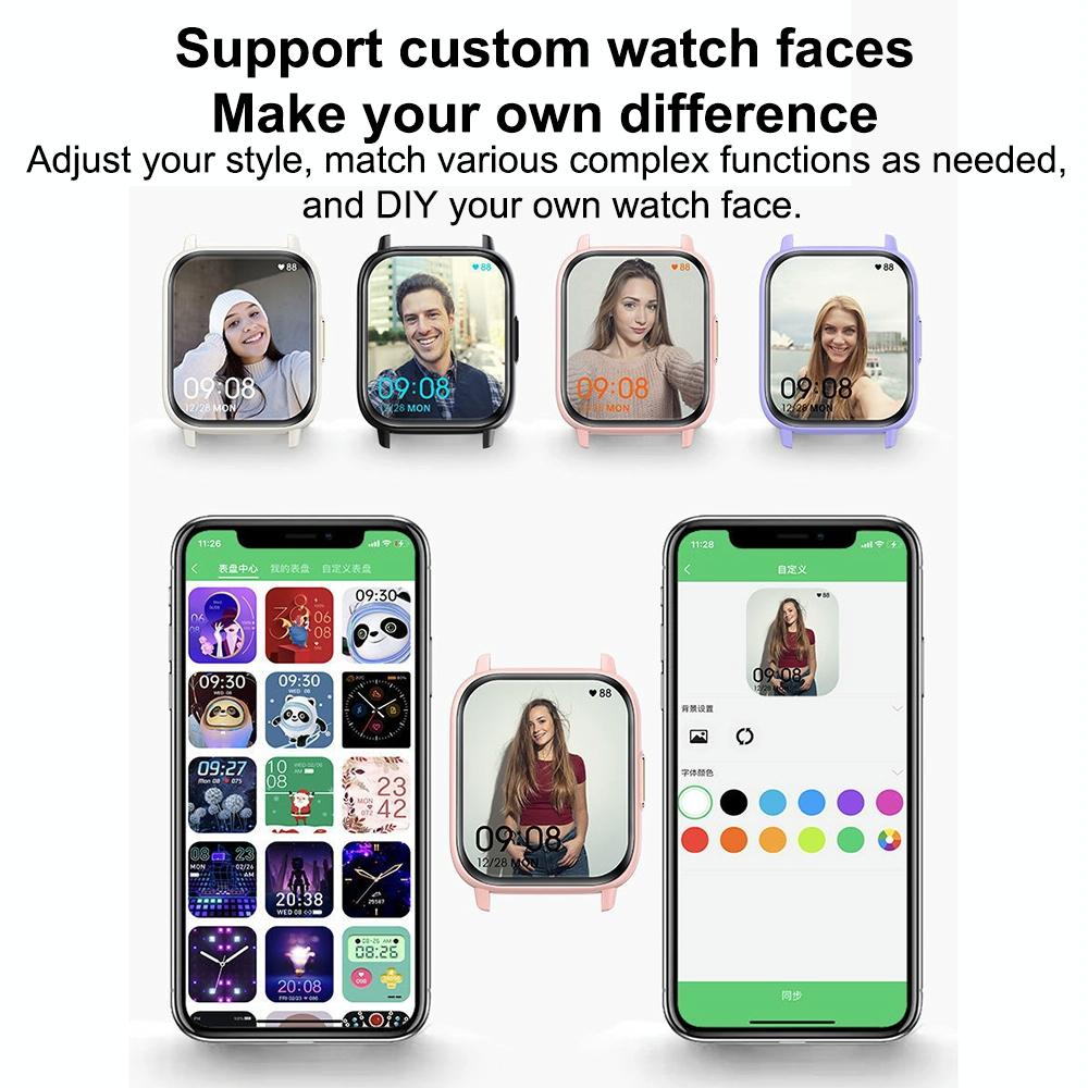 Smartwatch with customizable watch faces displayed on a smartphone app interface.