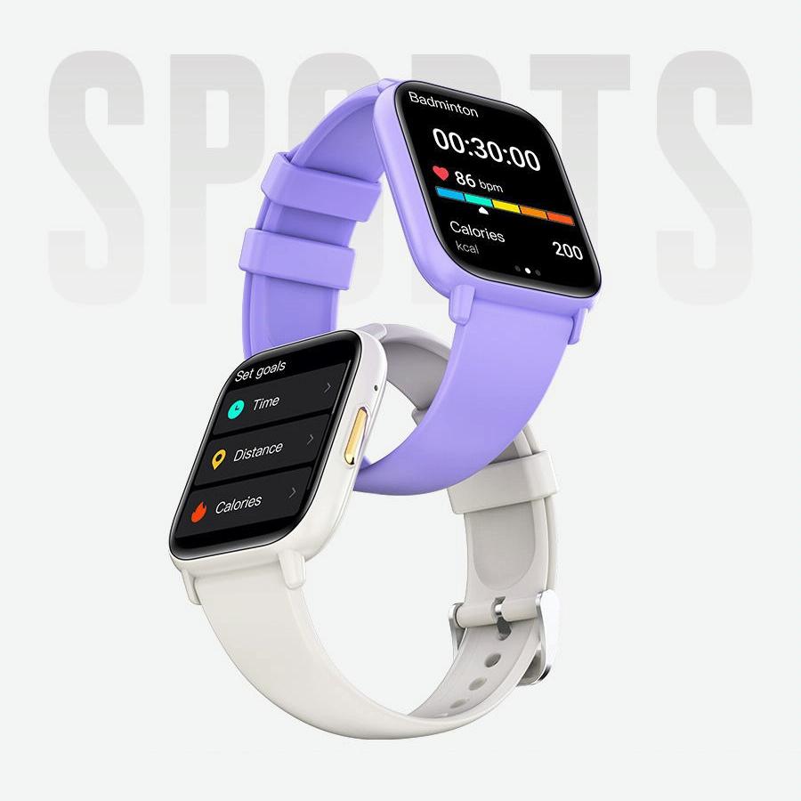 Two smartwatches, one purple and one white, on a light gray background with 'SPORTS' text.