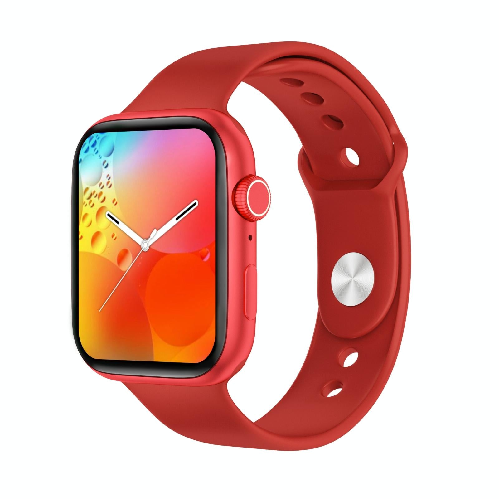 Red smartwatch with a colorful display on a white background