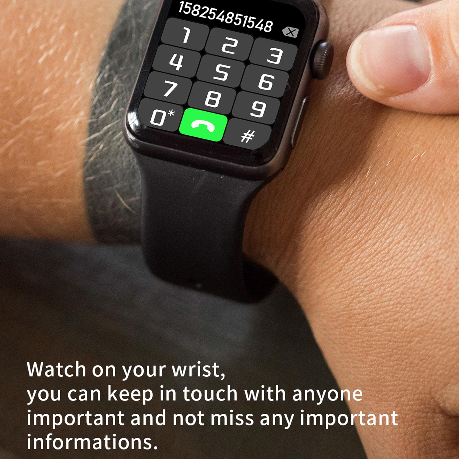 Smartwatch on a wrist with text about staying connected.