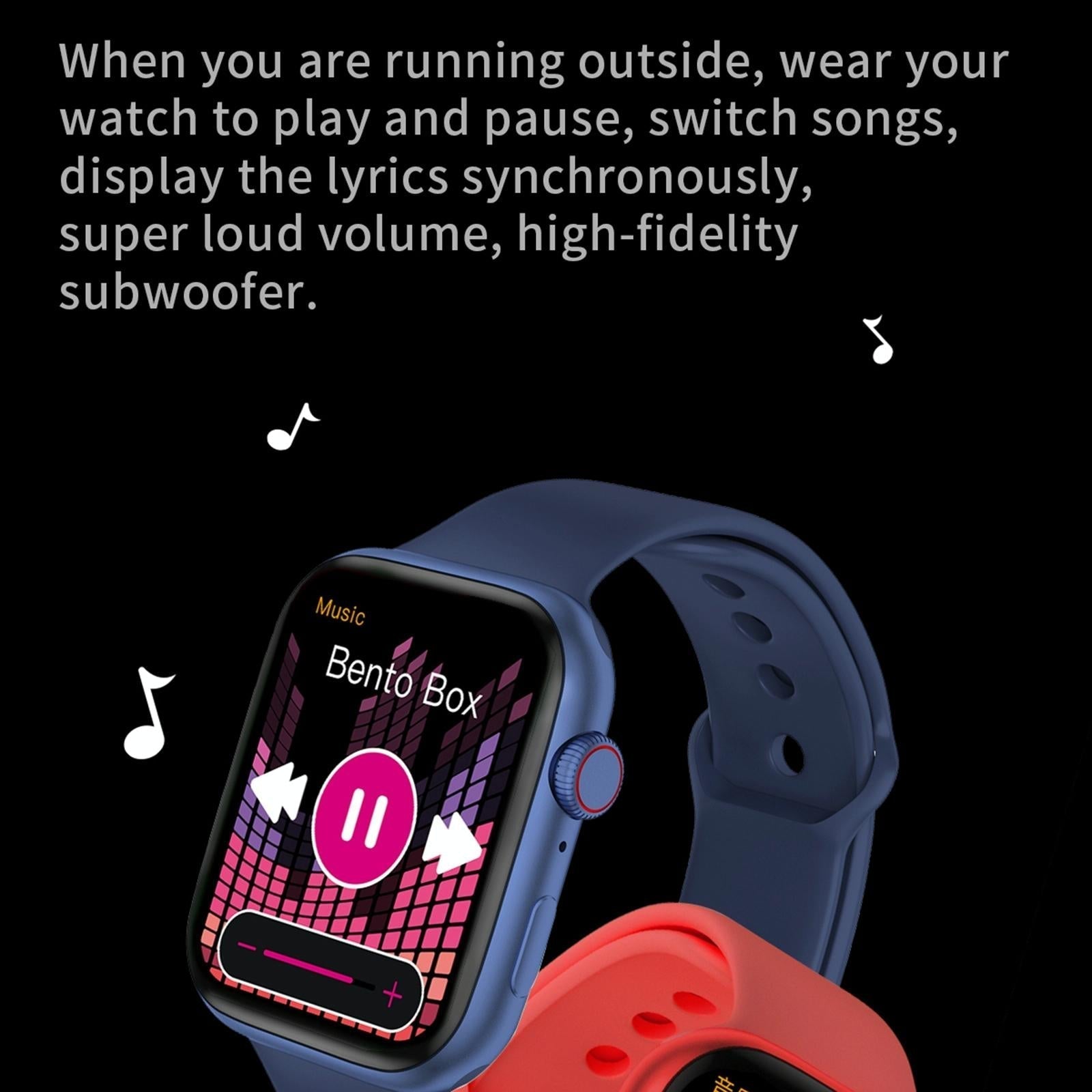 Smartwatch with music app interface on a black background