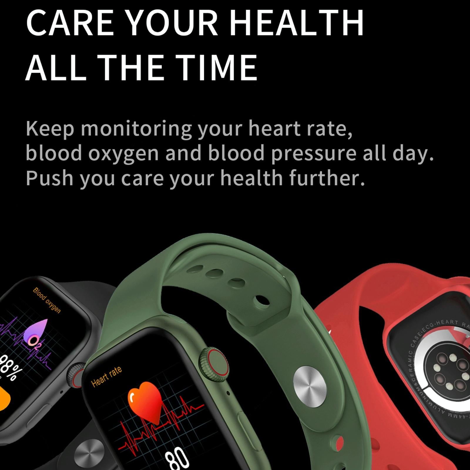 Smartwatch with green band and red case on a black background with text about health monitoring.